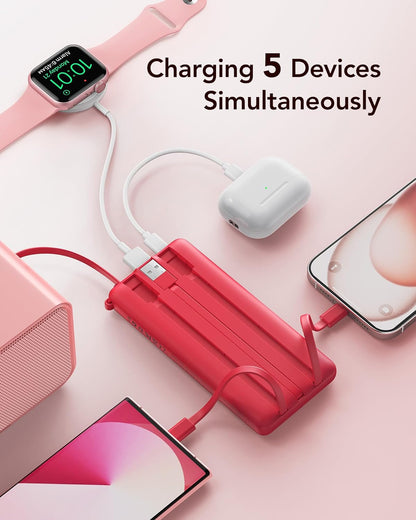 VRURC 10000mAh Power Bank Built-in Cables, Portable Charger with LED Display, Slim Intelligent Travel Battery Pack with Cords, 5 Output Dual Input Phone Charger for Cell Phone Smart Devcies-Blue