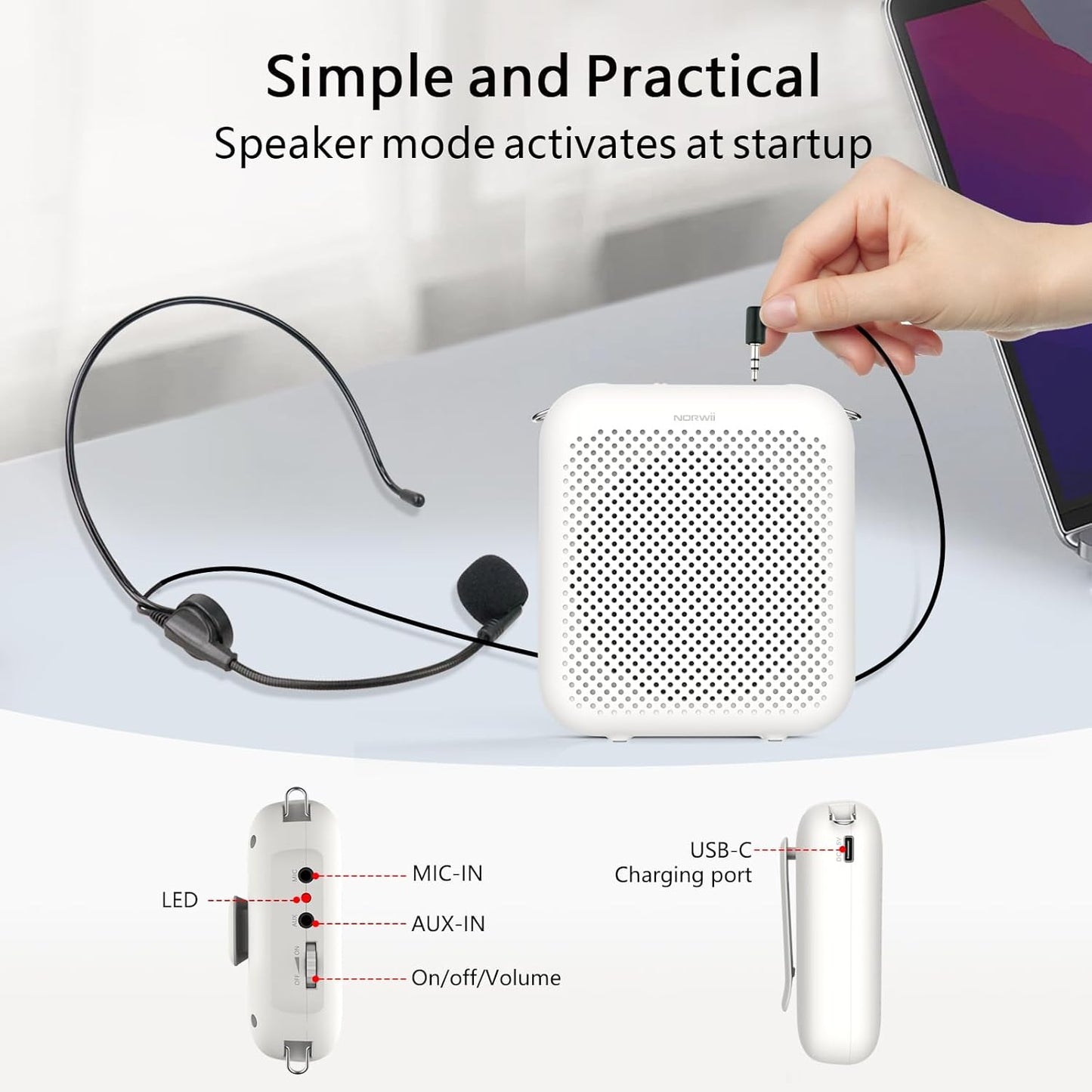 NORWII Mini Voice Amplifier S358 Portable 4000mAh Rechargeable with Wired Microphone Headset & Waistband, Personal Microphone and Speaker for Teachers Tour Guides ect. (Black)