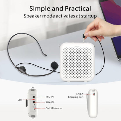 NORWII Mini Voice Amplifier S358 Portable 4000mAh Rechargeable with Wired Microphone Headset & Waistband, Personal Microphone and Speaker for Teachers Tour Guides ect. (Black)