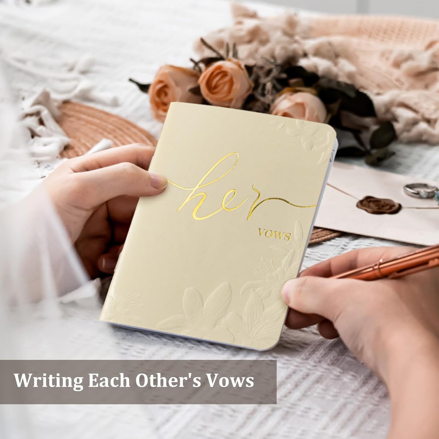 WEMATE Vow Books His and Hers,Wedding Vow Book with Gold Foil and 2 Pens, Wedding Essentials, Beautiful Wedding Present Stuff - Brown and Apricot
