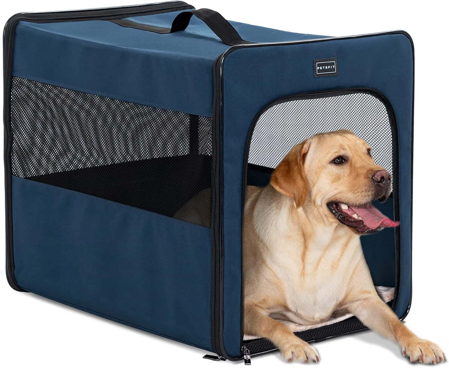 PETSFIT Soft Sided Dog Crate, Travel Dog Crate - 19 Inch Lightweight, Roomy, Easy to Set Up, Sturdy Portable Dog Kennel with Thick Mat, Navy Blue