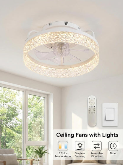 Ceiling Fan with Lights and Remote, 32cm Low Profile Ceiling Fans with Lights, Fandelier Ceiling Fan Light,DC Quiet Motor,3000K-6000K Dimmable,Modern Flush Mount Ceiling Fan for Modern Indoor Bedroom