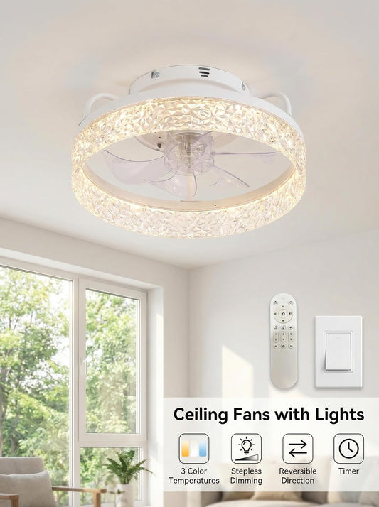 Ceiling Fan with Lights and Remote, 32cm Low Profile Ceiling Fans with Lights, Fandelier Ceiling Fan Light,DC Quiet Motor,3000K-6000K Dimmable,Modern Flush Mount Ceiling Fan for Modern Indoor Bedroom