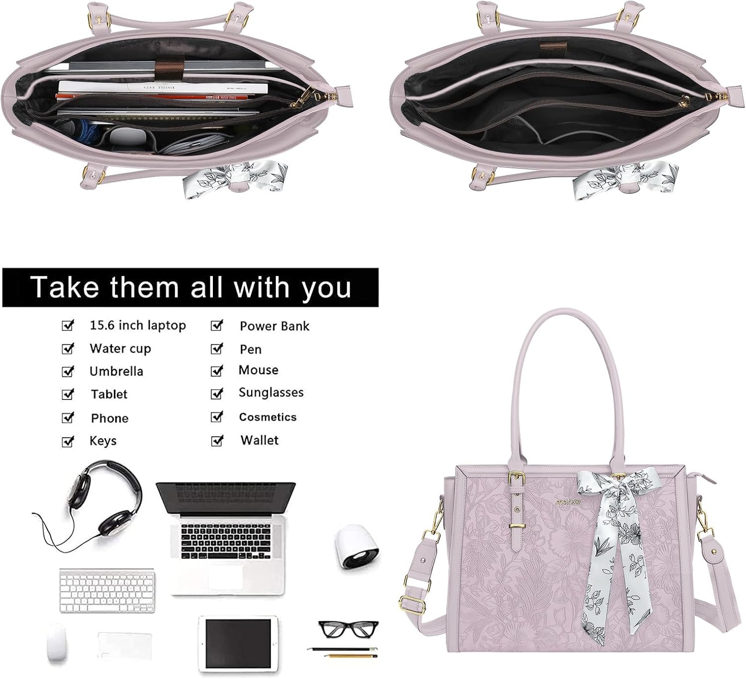 MOSISO Laptop Bag for Women, 17-17.3 inch PU Leathe Tote Bag Compatible with MacBook, HP, Dell, Asus Notebook, Front Embossed Retro Hibiscus Computer Bag with Silk Scarf&Clutch Purse, Gray - PuriLite