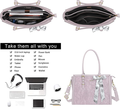 MOSISO Laptop Bag for Women, 17-17.3 inch PU Leathe Tote Bag Compatible with MacBook, HP, Dell, Asus Notebook, Front Embossed Retro Hibiscus Computer Bag with Silk Scarf&Clutch Purse, Gray - PuriLite