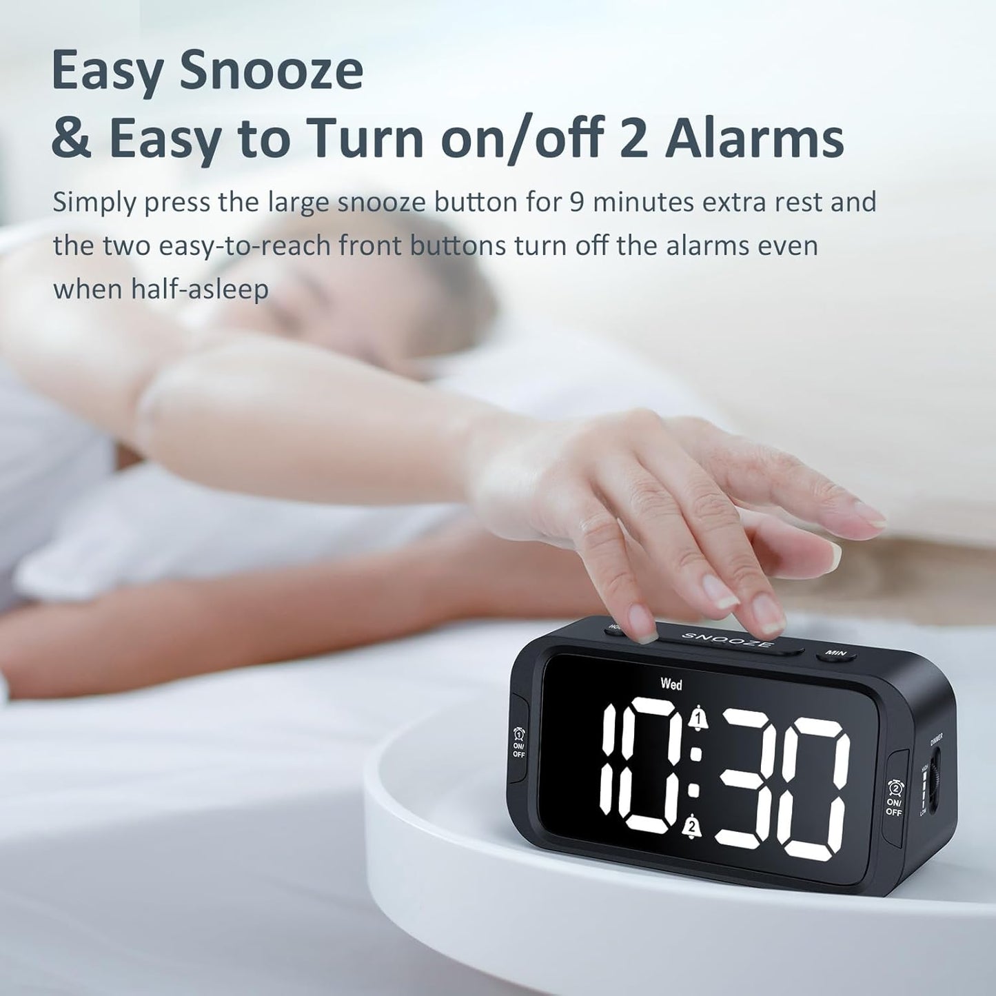 Odokee Digital Dual Alarm Clock for Bedroom, Easy to Set, 0-100% Dimmer, USB Charger, 5 Sounds Adjustable Volume, Weekday/Weekend Mode, Snooze, 12/24Hr, Battery Backup, Compact Clock for Bedside(Blue)