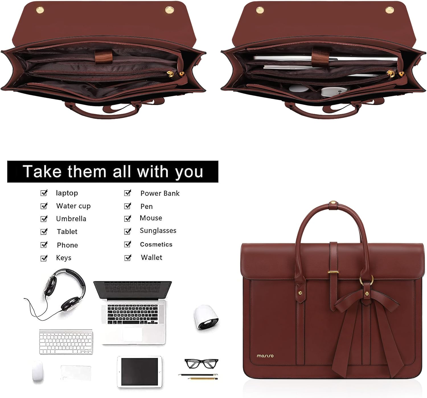 MOSISO Laptop Bag for Women, PU Leather Laptop Shoulder Bag Convertible Backpack, Work Travel Computer Bag with Bowknot - PuriLite