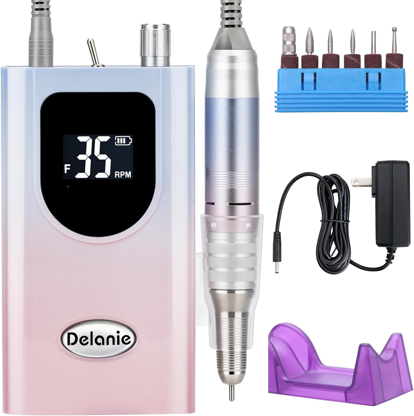 Delanie Professional Nail Drill High Torque 35000 RPM Rechargeable Portable Electric Nail File for Acrylic & Gel, High Speed, Low Heat, Low Vibration, Rose Gold