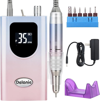 Delanie Professional Nail Drill High Torque 35000 RPM Rechargeable Portable Electric Nail File for Acrylic & Gel, High Speed, Low Heat, Low Vibration, Rose Gold