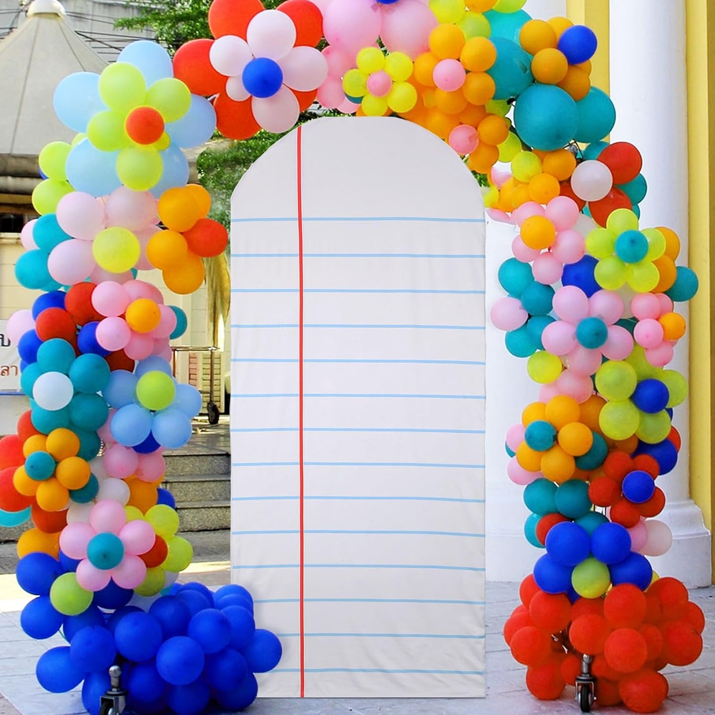 Breling 6.7ft Back to School Decoration Notebook Paper Arch Backdrop Cover Fitted Round Top Backdrop Stand Cover for First Day of School Classroom Decor