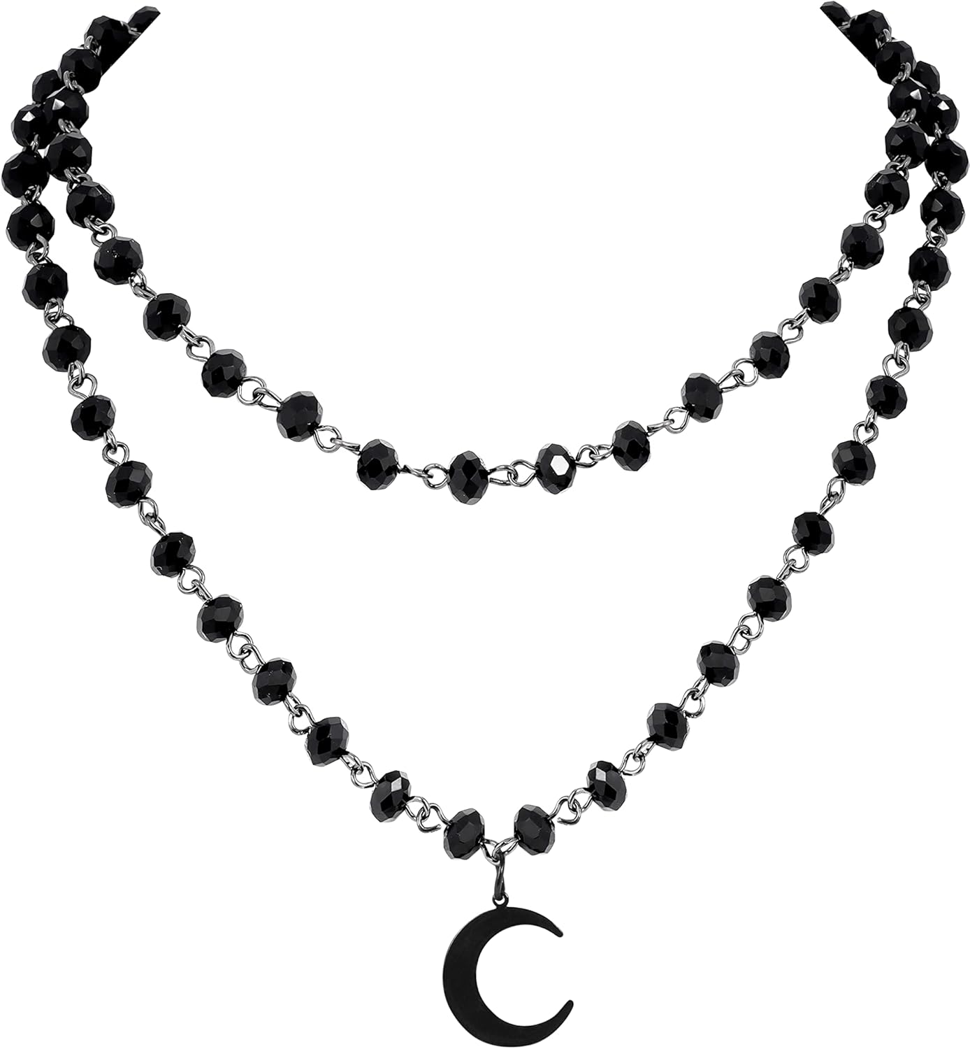 Sacina Gothic Moon Necklace, Moon Necklaces for Women, Layered Black Crescent Moon Necklace, Bead Onyx Necklace, Gothic Necklace, Goth Necklace, Christmas New Year Jewelry Gift for Women, Copper, Black Onyx, Stainless Steel, No Gemstone