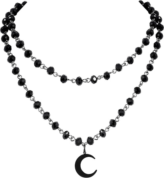 Sacina Gothic Moon Necklace, Moon Necklaces for Women, Layered Black Crescent Moon Necklace, Bead Onyx Necklace, Gothic Necklace, Goth Necklace, Christmas New Year Jewelry Gift for Women, Copper, Black Onyx, Stainless Steel, No Gemstone