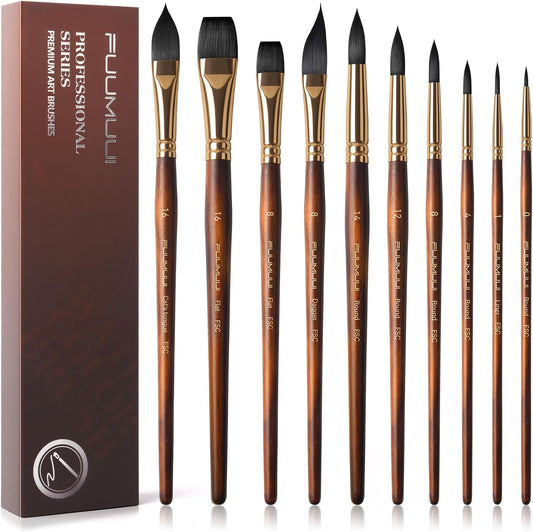 Fuumuui Watercolor Brushes Professional 10Pcs Synthetic Squirrel Hair | Watercolor Paint Brush Set for Artists - Flat, Round Pointed, Dagger, Cats Tongue Oval Wash for Watercolor Gouache Inks Painting