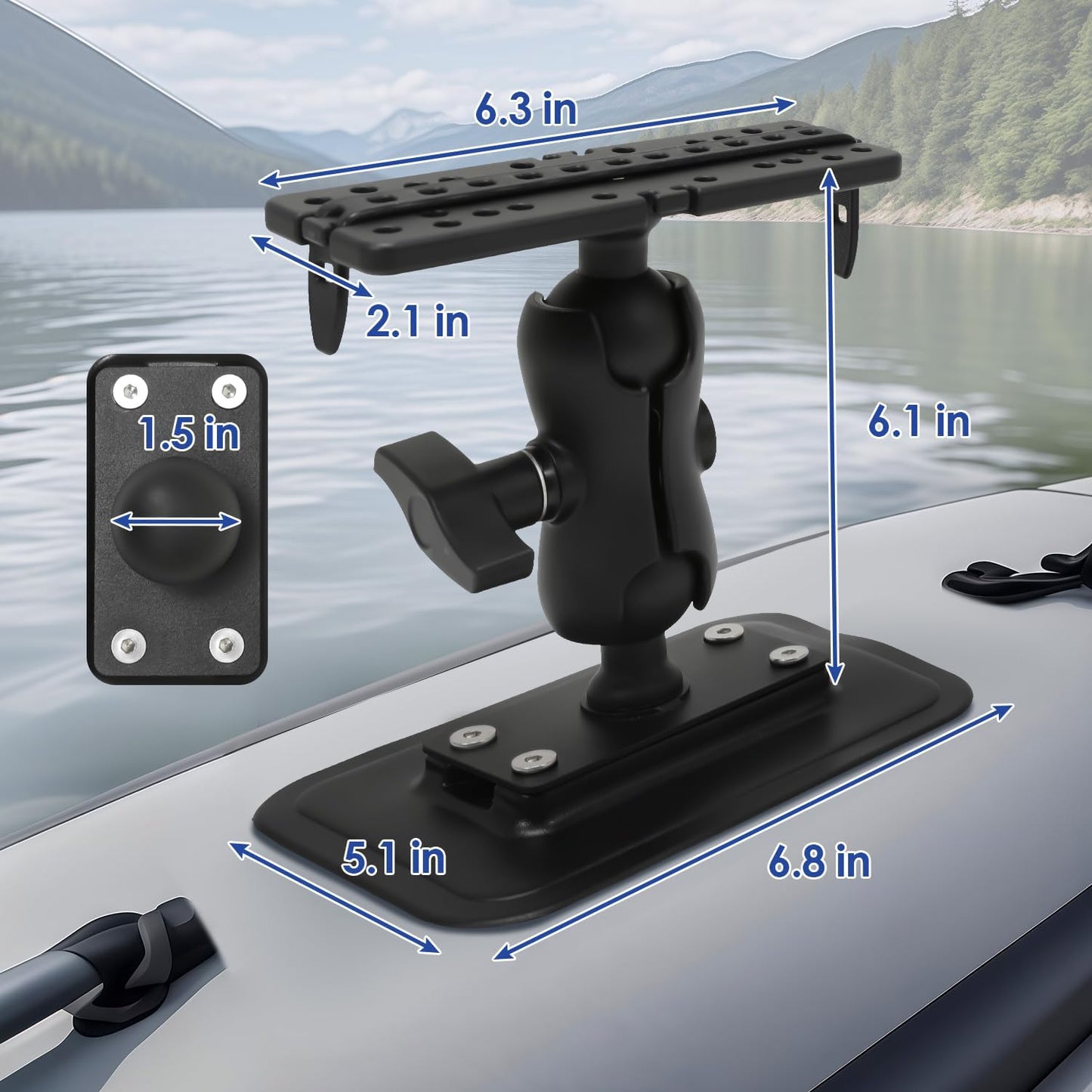 1.5" / C Size Ball Fish Finder Mount with Glue-On Pad (PVC) for Inflatable Boats/Kayak, 360° Rotation Marine Electronic/Depth Finder Mount, Compatible with Garmin, Lowrance, Humminbird and More