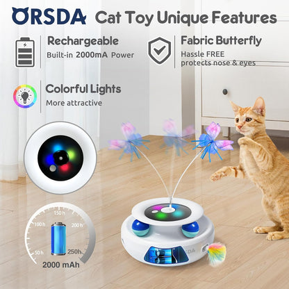ORSDA Cat Toys Rechargeable, 3 in 1 Automatic Cat Toy, Moving Ambush Feather, Fluttering Butterfly, Track Balls, Whack a mole, with 4 Attachments