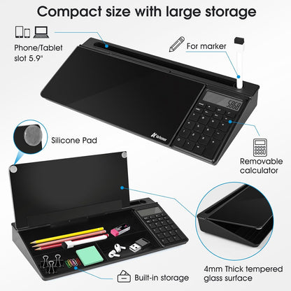 Varhomax Glass Desk Whiteboard Black with Calculator, Desktop Organizers Dry Erase White Board To-do List Memo Keyboard Stand with Accessories for Home School Office Supplies