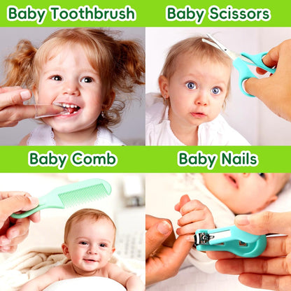 Baby Grooming Kit - 19 in 1 Nursery Essentials Baby Registry Shower Gift for Newborns, Infants, Toddlers, Boys, Girls Kids-Safety Baby Comb, Brush, Finger Toothbrush, Nail Clippers, Scissors(Green)