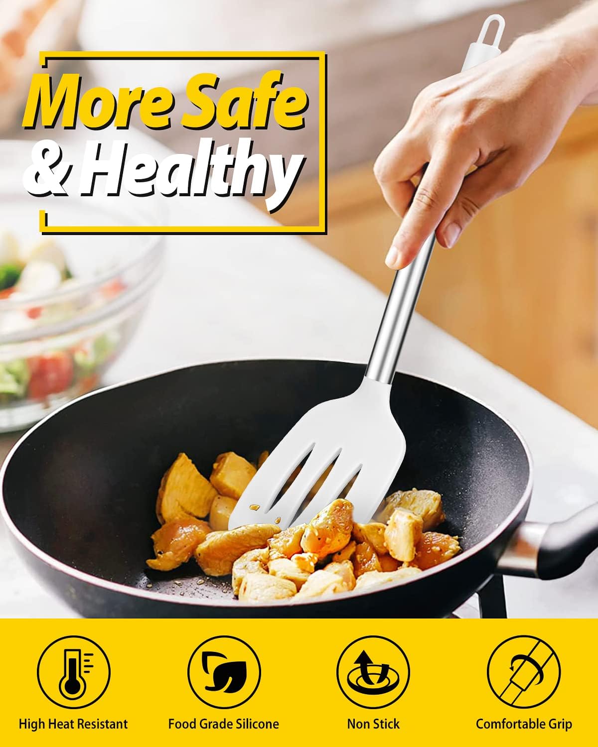 Pack of 2 Silicone Slotted Spatula,Non Stick Solid Kitchen Turner, High Heat Resistant BPA Free Cooking Utensils for Fish, Eggs, Pancakes（Black