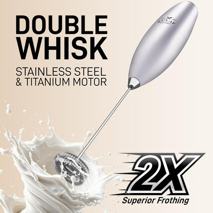 Zulay Kitchen Powerful Double Whisk Milk Frother Handheld - Foam Maker with Stand - Whisk Drink Mixer for Coffee, Mini Foamer for Latte, Matcha, Frappe, Hot Chocolate & Cappuccino (Black)