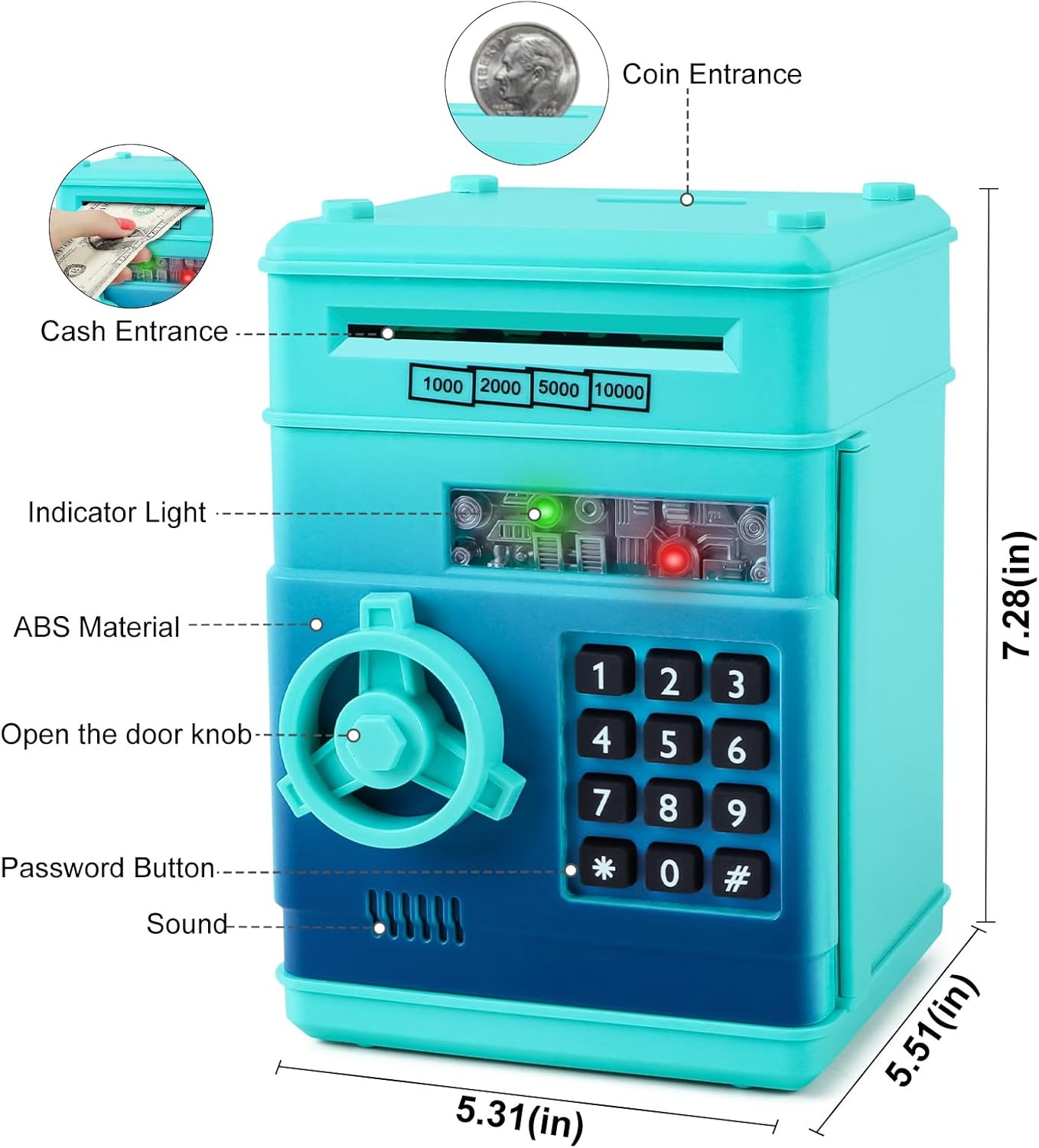 Refasy Boy Toys Age 6-8,Electronic Piggy Bank,Password Money Bank Toys for Kids,ATM Piggy Bank Money Saving Box,Birthday Xmas Gifts for Boys Girls(Blue Green)