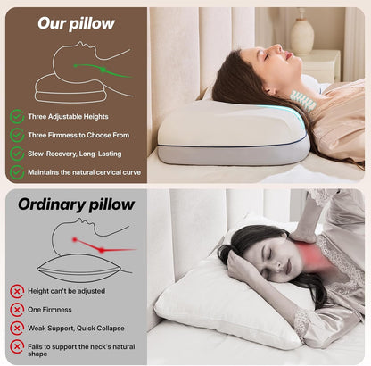 Cervical Neck Pillow for Neck & Shoulder Support, Adjustable Memory Foam Pillow with Customizable Height and Firmness, Ergonomic Pillow for Side, Back, Stomach and Combination Sleepers, White