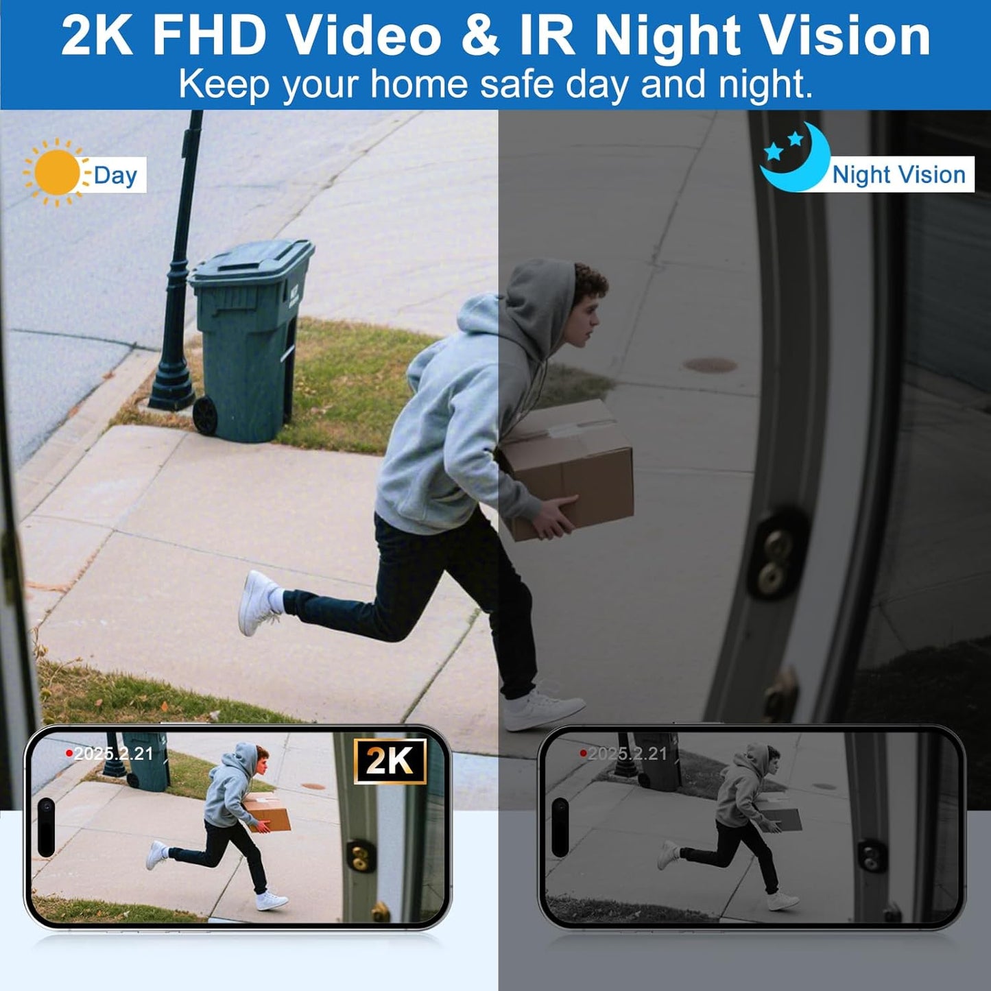 Doorbell Camera Wireless, Head-to-Toe Video, 2K HD Live View, Two-Way Talk,Smart Video Doorbell with Chime,no Subscription,Battery Powered,Motion Detection &Alerts,Works with Alexa &Google(2.4G WiFi)