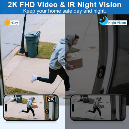 Doorbell Camera Wireless, Head-to-Toe Video, 2K HD Live View, Two-Way Talk,Smart Video Doorbell with Chime,no Subscription,Battery Powered,Motion Detection &Alerts,Works with Alexa &Google(2.4G WiFi)