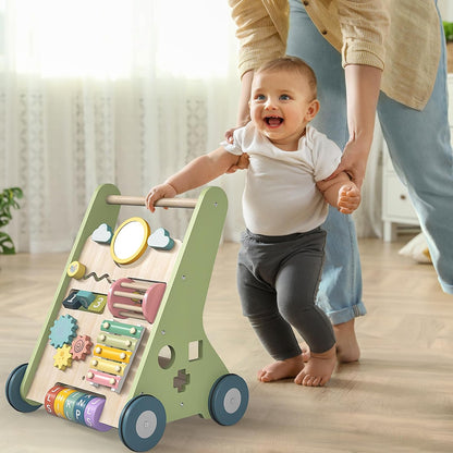 Baby Walker with Wheels for 10 Months+, Push Walker 10-in-1 Activity Center Help Babies Build Balance & Confidence, Wooden Frame, 9 Interactive Toys, Smooth Edges, Non-Toxic Paint, 1st Birthday Gift