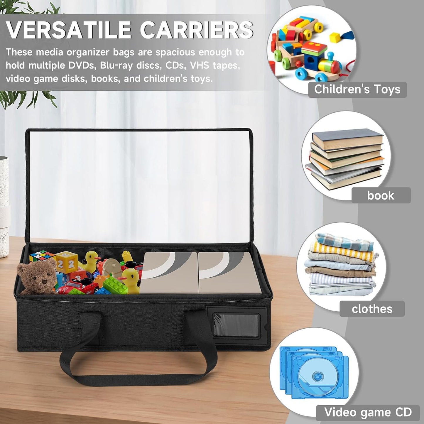 4 Pack-DVD Storage Boxes, PVC Clear Lid, DVD Case Holder Organizer with Index Labels-15.4"x 5.5"x 7.9" DVDs Storage Holder Bags for DVDs, CDs, Video Games, Books, Each Hold up to 25 DVDs Jewel Cases