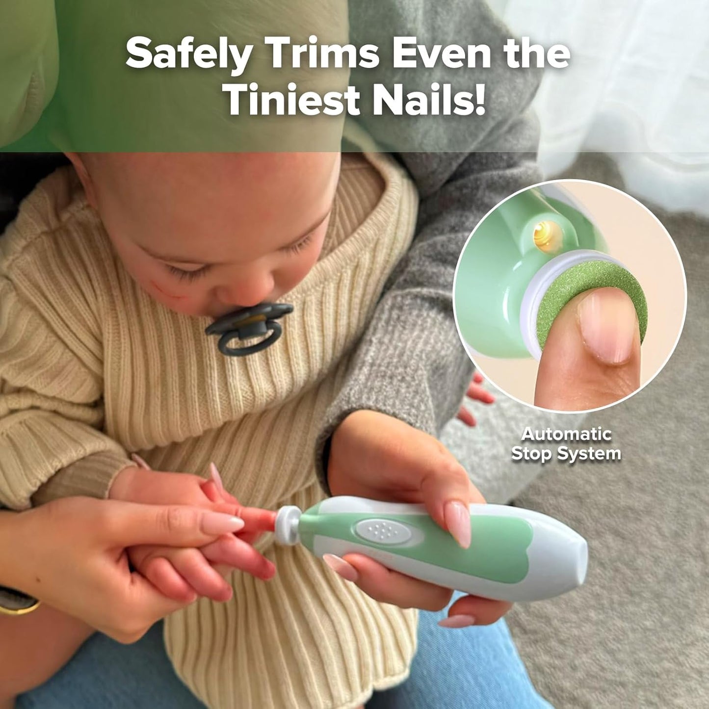 haakaa Baby Nail Trimmer Electric Safe Baby Nail Clippers Baby Nail File Kit Manicure Set, Trim Polish Grooming kit for Newborn Toddler or Adults Toes Fingernails, 6 Grinding Heads and LED Light
