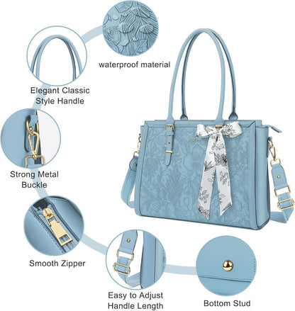 MOSISO Laptop Bag for Women, 17-17.3 inch PU Leathe Tote Bag Compatible with MacBook, HP, Dell, Asus Notebook, Front Embossed Retro Hibiscus Computer Bag with Silk Scarf&Clutch Purse, Gray - PuriLite