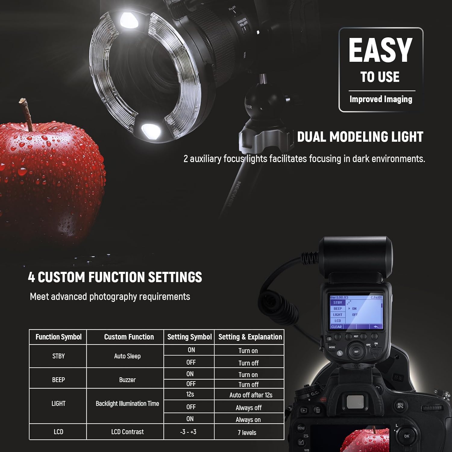 NEEWER RF1-N Marco Ring Flash Light Compatible with Nikon Camera, 76Ws GN15 5600K TTL Lighting 1-1/128 Output Front/Rear Curtain Sync Color Gels, Lens Adapter Rings for Macro Photography Studio Photo - PuriLite
