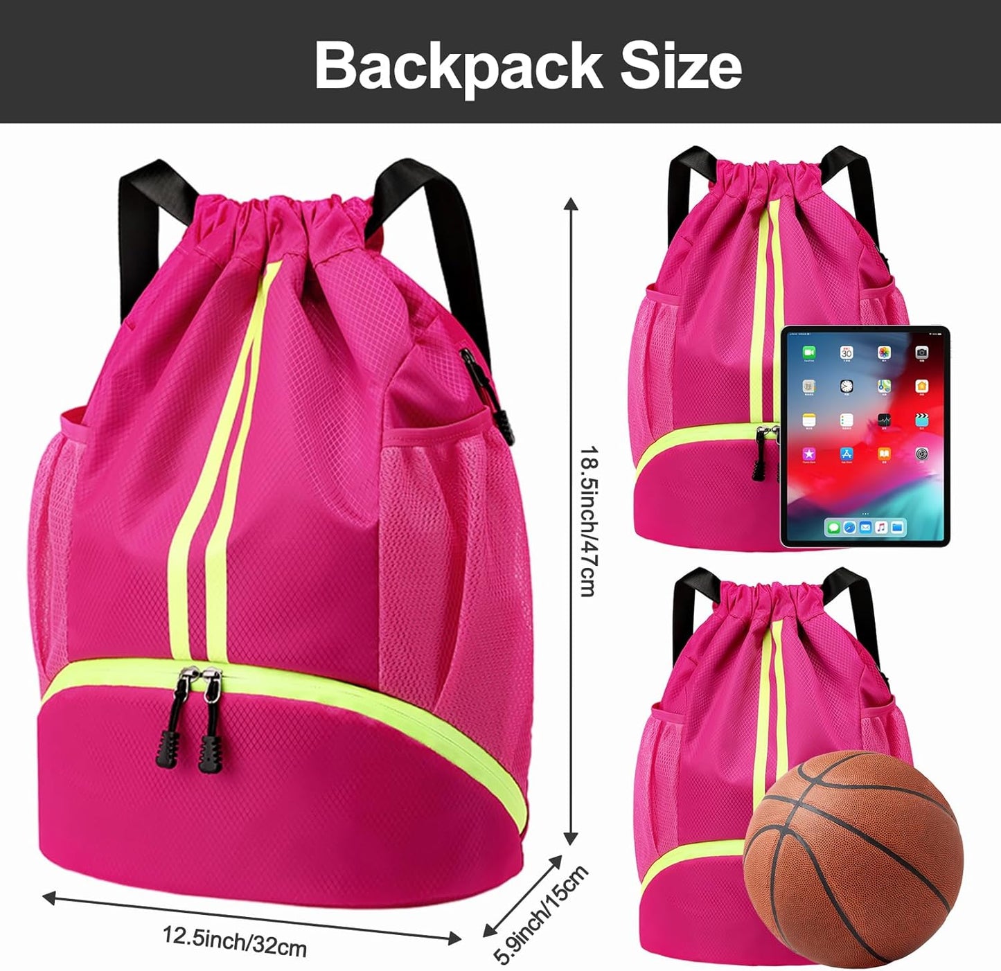 Hoedia Sports Drawstring Backpack - String Swim Gym Bag with Shoes Compartment and Wet Proof Pocket for Women/Men