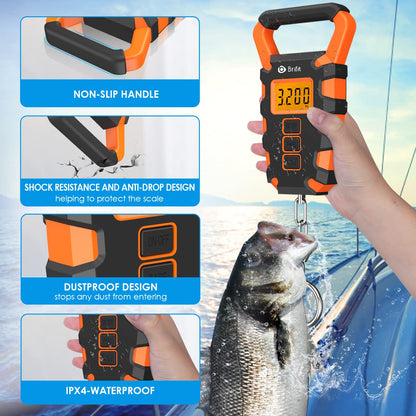 Upgraded Digital Fishing Scale with Ruler, 15g/50kg Electronic Digital Luggage Scale, 110lb Max Fishing Postal Hanging Hook Scale with Measuring Tape, Backlit LCD Display (Batteries Included)