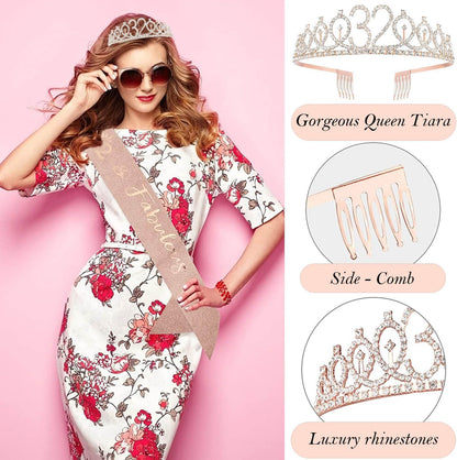 8pcs 40th Birthday Decorations gifts for Women, Including 40th Happy Birthday Cake Topper, Queen Sash with Pearl Pin, Sweet Rhinestone Tiara Crown for Women, Number Candles and Balloons (Rose Gold)