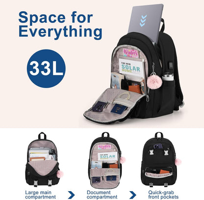 WINDARS Backpacks for Girls, 15.6 Inch School Bag Cute Waterproof laptop Bookbag Large College Backpack for Teen Women Students Anti Theft Travel Daypack Black