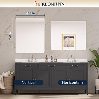 Keonjinn 42 x 36 Brushed Nickel Bathroom Vanity Mirror, Large Rounded Rectangle Bathroom Mirrors for over Sink, Metal Framed Silver Mirror for Wall, Shatterproof HD Tempered Glass(Horizontal/Vertical)
