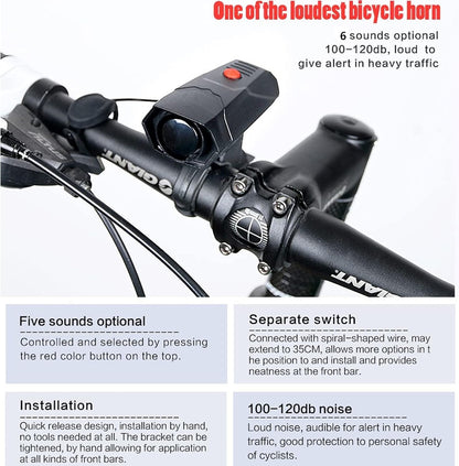 TT-life 120dB Loud Bike Horn, Cycling Bicycle Handlebar Ring Bell Horn with 2 Levels of dB Mode and 5 Different Sounds Black