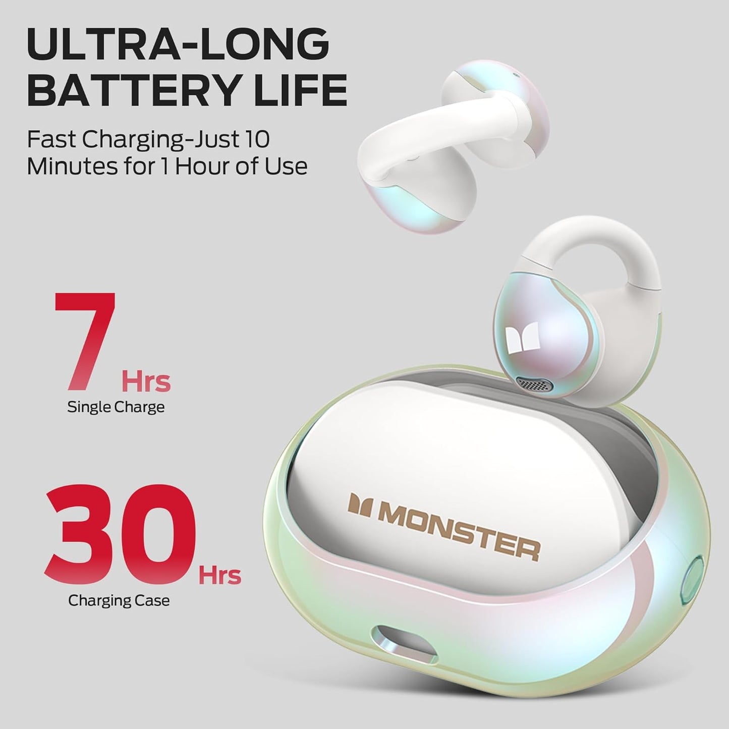 Monster Wireless Earbuds,Bluetooth 5.4 Clip-On Earbuds with HiFi Stereo,Open Ear Headphones with ENC Clear Call,21H Playtime,Fast Charge,Touch Control,IPX6 Waterproof Wireless Headphones for Sport