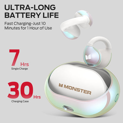 Monster Wireless Earbuds,Bluetooth 5.4 Clip-On Earbuds with HiFi Stereo,Open Ear Headphones with ENC Clear Call,21H Playtime,Fast Charge,Touch Control,IPX6 Waterproof Wireless Headphones for Sport