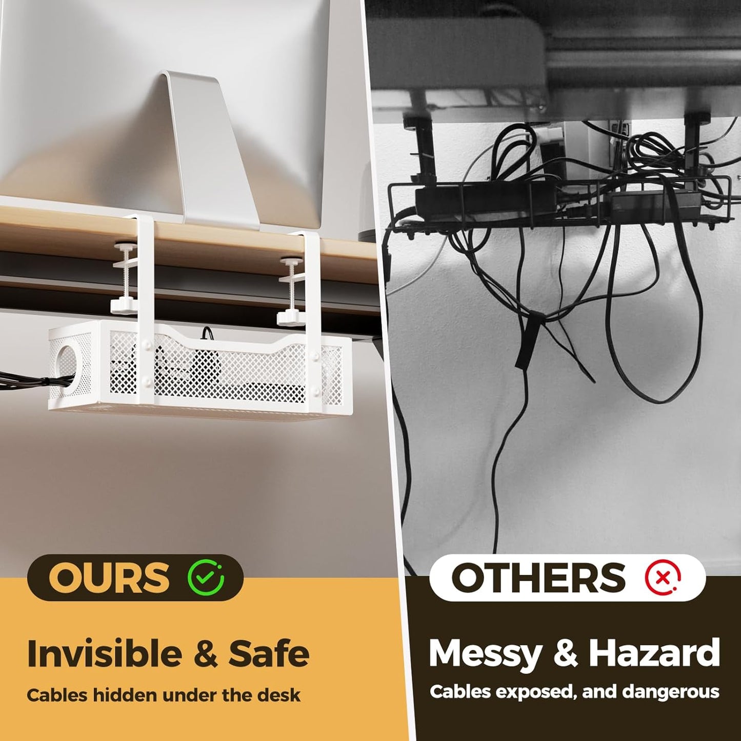 Under Desk Cable Management Tray White, Cinati Cable Management Under Desk No Drill, Cable Tray with Clamp for Desk Wire Management,Desk Cable Management Box for Office, Home - No Damage to Desk