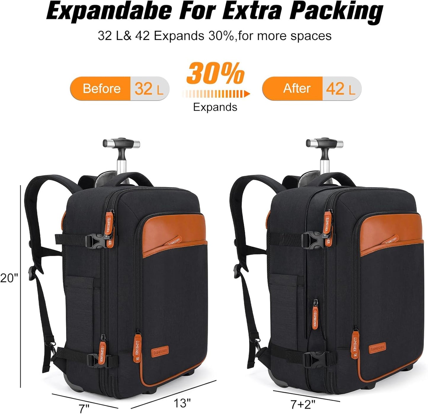 Lumesner Carry on Backpack, Extra Large 40L Flight Approved Travel Backpack for Men & Women