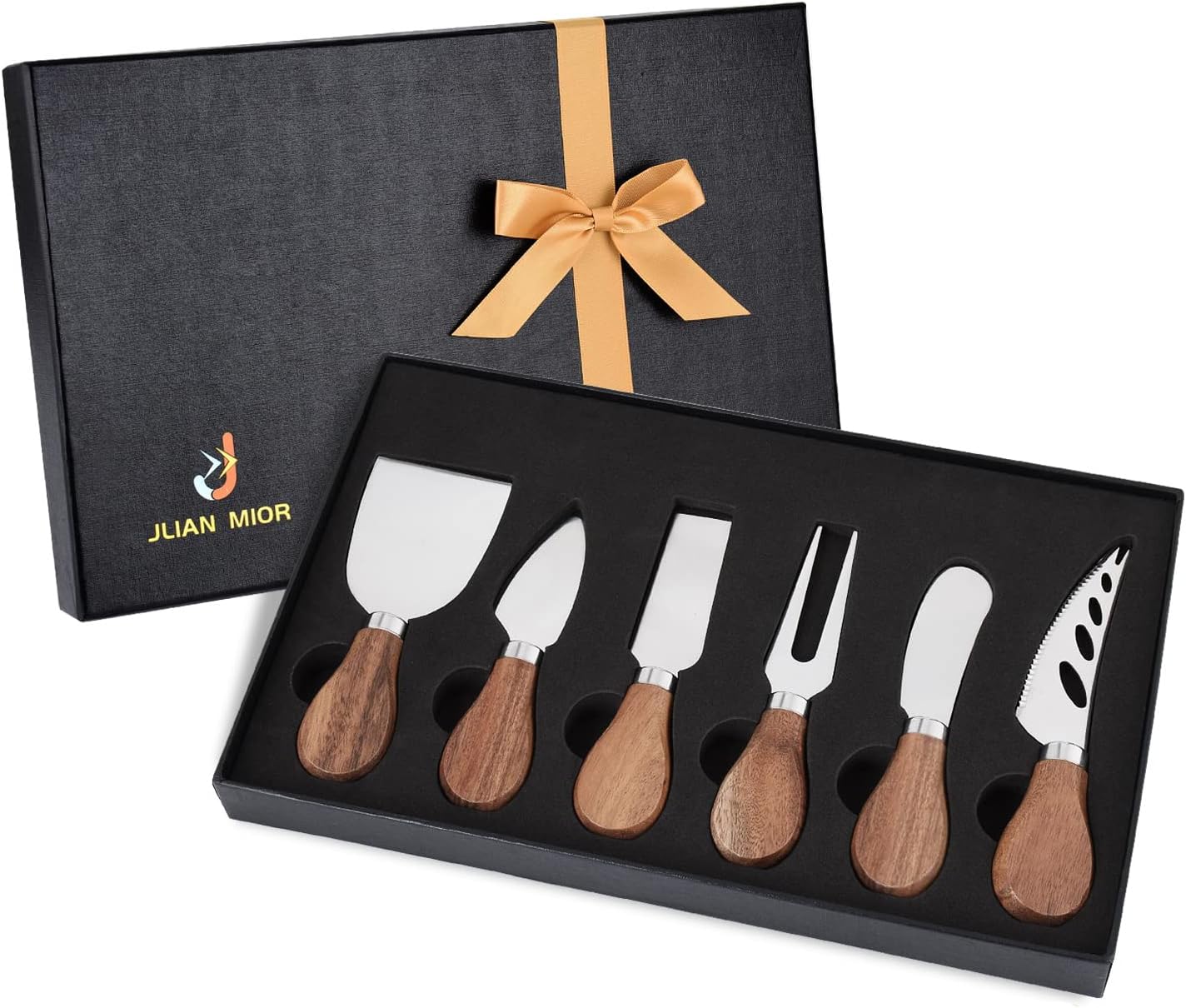 Exquisite 6-Piece Cheese Knife Set – Stainless Steel Blades with Acacia Wood Handles, Ergonomic Design, Perfect for Hard and Soft Cheese, Gift-Ready Box - PuriLite
