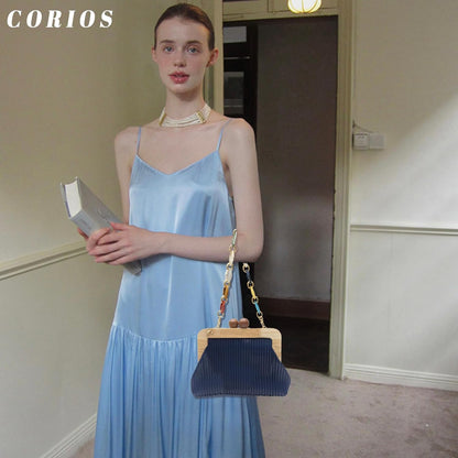 CORIOS Women Evening Bag Pleated Clutch Bag Wooden Beads Handbag Bridal Wedding Purse Elegant PU Leather Shoulder Bag
