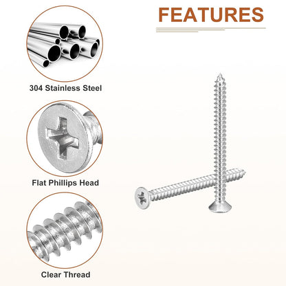 DTGN 100Pcs #6x1/2 Flat Head Wood Screws, 304 Stainless Steel Phillips Self Tapping Screws - Good for Woodworking, Furniture - Silver