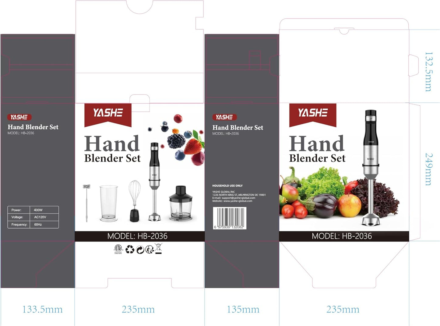 YASHE Immersion Blender, 5 in 1 Handheld Blender, Continuously Variable Speed, Stainless Steel Blender Stick, Emulsion Blender with Chopper, Whisk and Milk Frother for Meat, soups and Baby Food