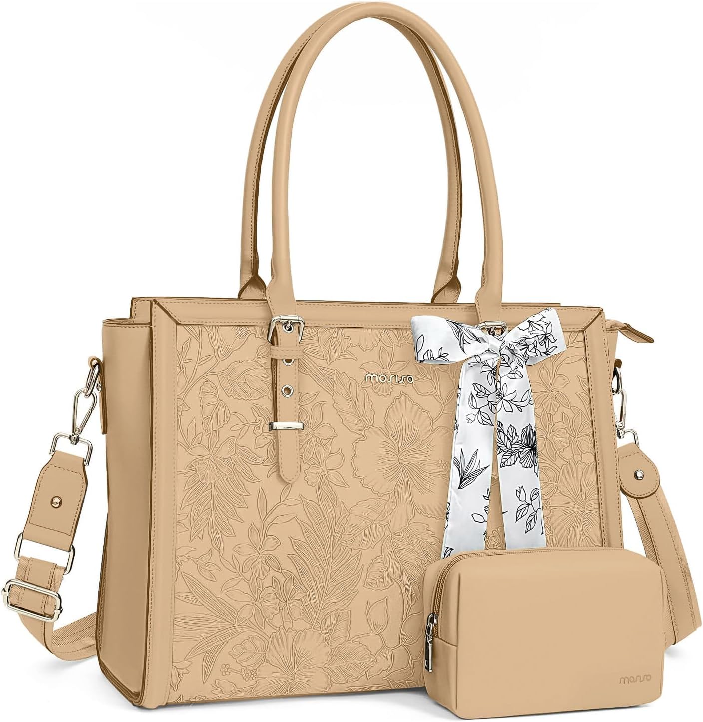 MOSISO Laptop Bag for Women, 17-17.3 inch PU Leathe Tote Bag Compatible with MacBook, HP, Dell, Asus Notebook, Front Embossed Retro Hibiscus Computer Bag with Silk Scarf&Clutch Purse, Gray - PuriLite