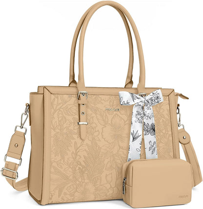 MOSISO Laptop Bag for Women, 17-17.3 inch PU Leathe Tote Bag Compatible with MacBook, HP, Dell, Asus Notebook, Front Embossed Retro Hibiscus Computer Bag with Silk Scarf&Clutch Purse, Gray - PuriLite