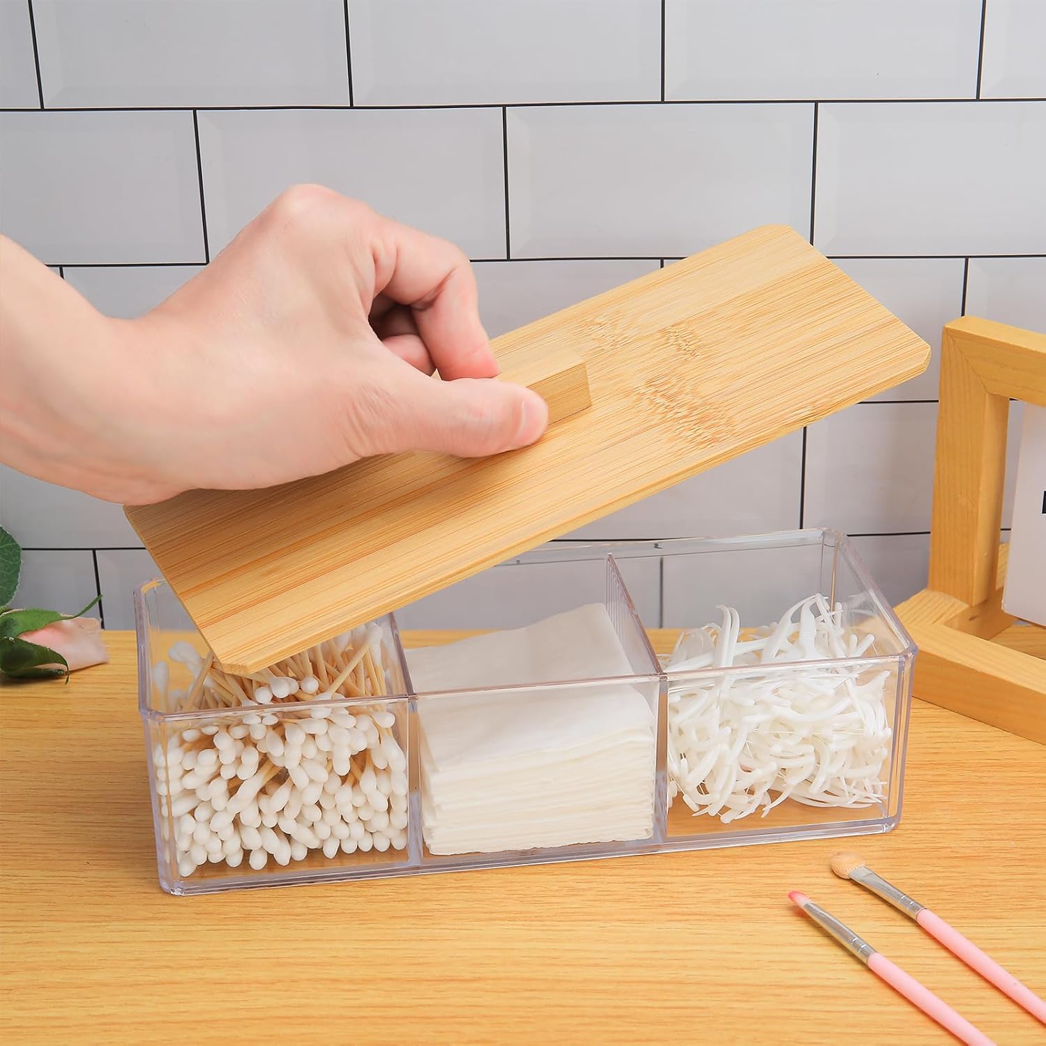 Clear Acrylic Cotton Swab and Ball Holder with Bamboo Lid, 3-Compartment Bathroom Organizer for Vanity, Makeup, and Countertop Storage - PuriLite