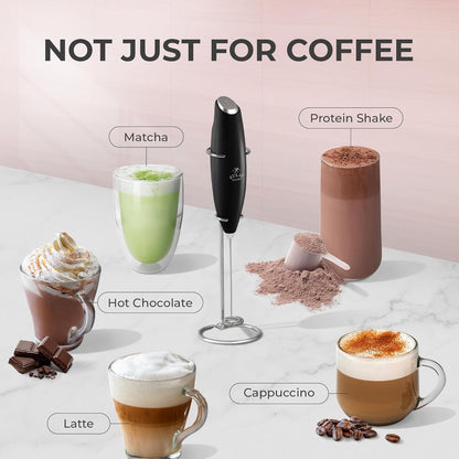 Zulay Kitchen Powerful Double Whisk Milk Frother Handheld - Foam Maker with Stand - Whisk Drink Mixer for Coffee, Mini Foamer for Latte, Matcha, Frappe, Hot Chocolate & Cappuccino (Black)